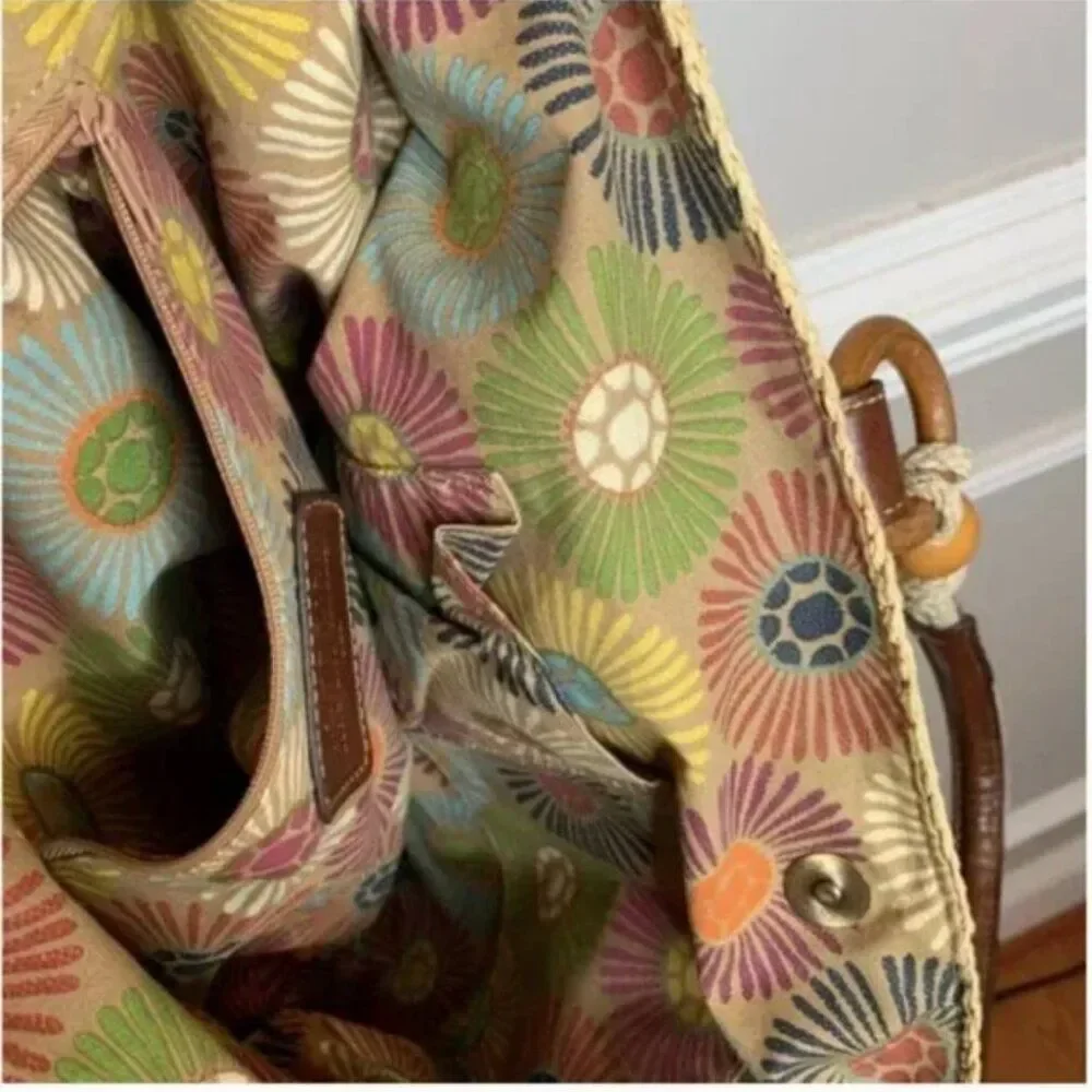 Fossil Multi-Colored Raffia Straw Shoulder Bag with Leather Straps Wood Accents